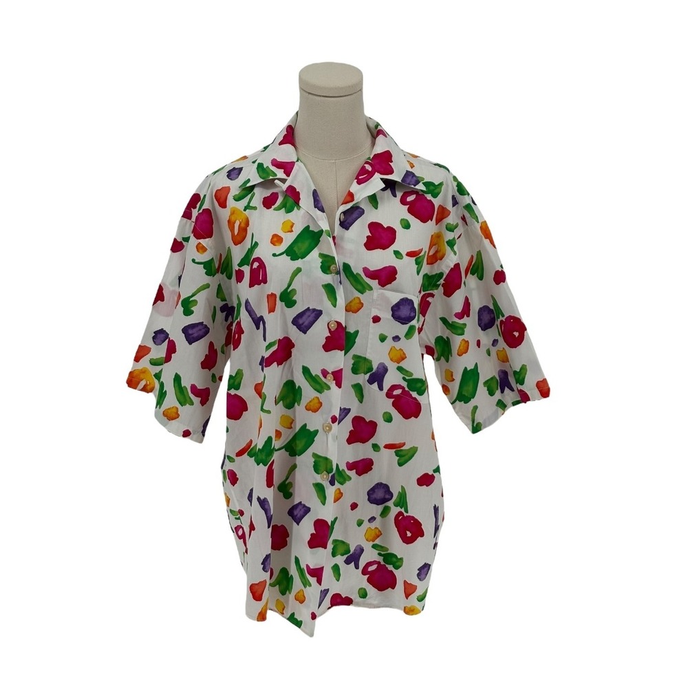 Corbin Threads Vintage White Button Up Shirt w/ Vibrant Floral Pattern (Size 10)